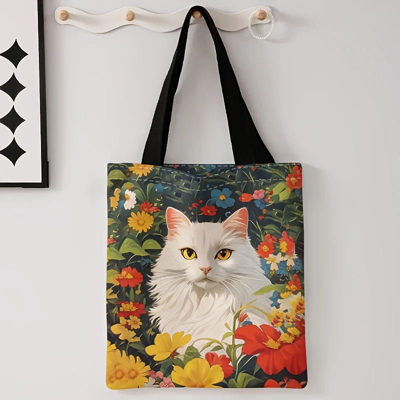 Linen Bag Bulk - Modische Damen-Einkaufstasche mit niedlichem weißem Katzen-Blumendruck,